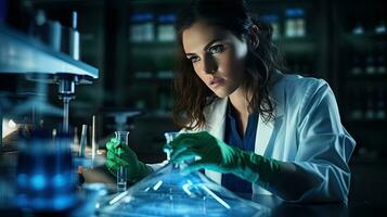 Female researcher working in a science laboratory Cropipette containing test tubes in a large modern laboratory photo