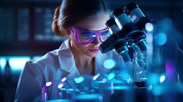 Female researcher working in a science laboratory Cropipette containing test tubes in a large modern laboratory photo