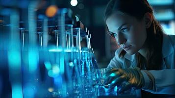 Female researcher working in a science laboratory Cropipette containing test tubes in a large modern laboratory photo