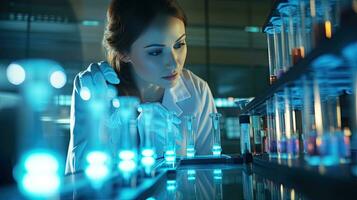 Female researcher working in a science laboratory Cropipette containing test tubes in a large modern laboratory photo