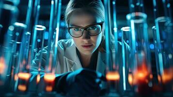 Female researcher working in a science laboratory Cropipette containing test tubes in a large modern laboratory photo