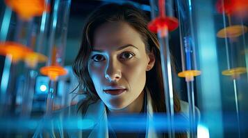 Female researcher working in a science laboratory Cropipette containing test tubes in a large modern laboratory photo
