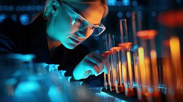 Female researcher working in a science laboratory Cropipette containing test tubes in a large modern laboratory photo