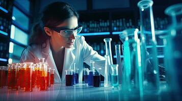 Female researcher working in a science laboratory Cropipette containing test tubes in a large modern laboratory photo