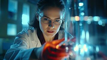 Female researcher working in a science laboratory Cropipette containing test tubes in a large modern laboratory photo
