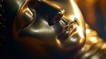 Image of a golden-headed smiling sleeping Buddha face on a black background. photo