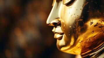 Image of a golden-headed smiling sleeping Buddha face on a black background. photo