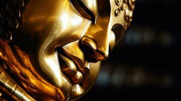 Image of a golden-headed smiling sleeping Buddha face on a black background. photo