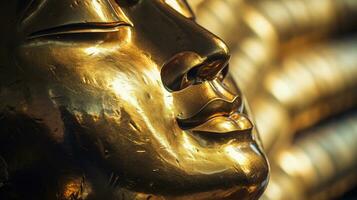 Image of a golden-headed smiling sleeping Buddha face on a black background. photo