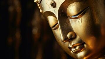 Image of a golden-headed smiling sleeping Buddha face on a black background. photo