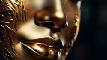 Image of a golden-headed smiling sleeping Buddha face on a black background. photo