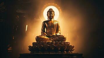 Golden Buddha statue with splashes of light , Buddha statue used as amulets of Buddhism religion photo