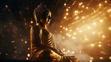 Golden Buddha statue with splashes of light , Buddha statue used as amulets of Buddhism religion photo