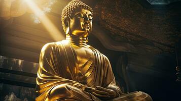 Golden Buddha statue with splashes of light , Buddha statue used as amulets of Buddhism religion photo