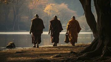 3 monks trekking in a wilderness, river, with an elephant following behind them photo
