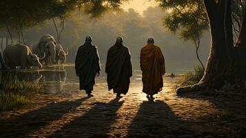 3 monks trekking in a wilderness, river, with an elephant following behind them photo