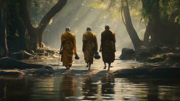 3 monks trekking in a wilderness, river, with an elephant following behind them photo