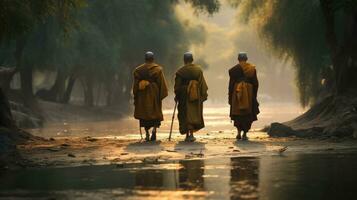 3 monks trekking in a wilderness, river, with an elephant following behind them photo