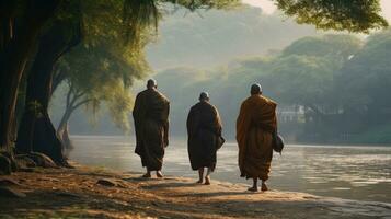 3 monks trekking in a wilderness, river, with an elephant following behind them photo