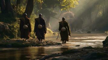 3 monks trekking in a wilderness, river, with an elephant following behind them photo