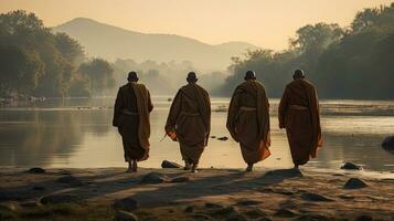 3 monks trekking in a wilderness, river, with an elephant following behind them photo