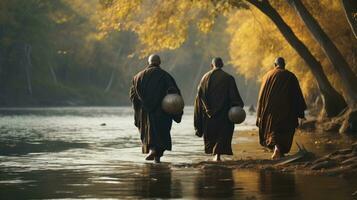 3 monks trekking in a wilderness, river, with an elephant following behind them photo