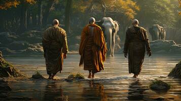 3 monks trekking in a wilderness, river, with an elephant following behind them photo