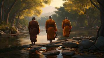 3 monks trekking in a wilderness, river, with an elephant following behind them photo