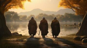 3 monks trekking in a wilderness, river, with an elephant following behind them photo