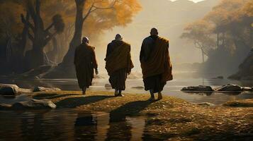 3 monks trekking in a wilderness, river, with an elephant following behind them photo
