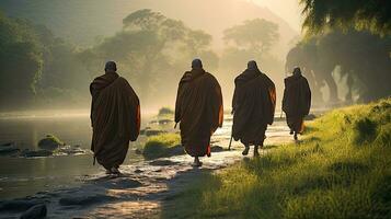 3 monks trekking in a wilderness, river, with an elephant following behind them photo