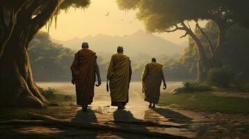 3 monks trekking in a wilderness, river, with an elephant following behind them photo