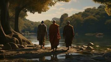 3 monks trekking in a wilderness, river, with an elephant following behind them photo