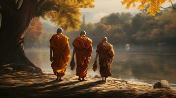 3 monks trekking in a wilderness, river, with an elephant following behind them photo