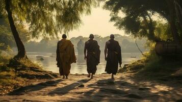 3 monks trekking in a wilderness, river, with an elephant following behind them photo