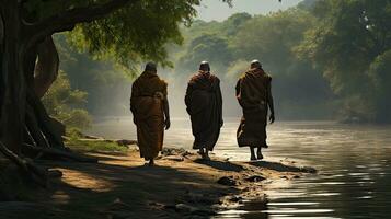 3 monks trekking in a wilderness, river, with an elephant following behind them photo