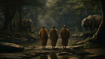 3 monks trekking in a wilderness, river, with an elephant following behind them photo