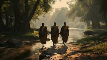 3 monjes trekking en un desierto, río, con un elefante siguiendo detrás ellos foto