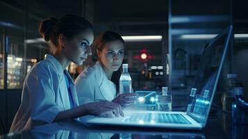 Two female scientists are using laptops in the laboratory. photo