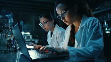 Two female scientists are using laptops in the laboratory. photo
