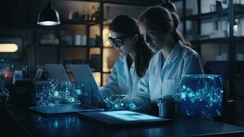 Two female scientists are using laptops in the laboratory. photo