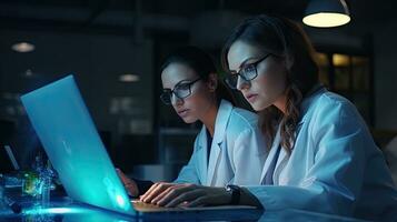 Two female scientists are using laptops in the laboratory. photo