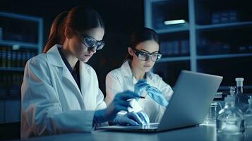 Two female scientists are using laptops in the laboratory. photo