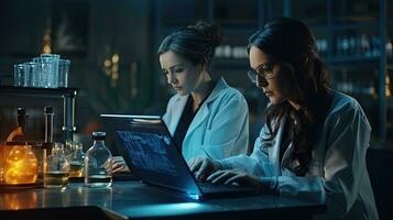 Two female scientists are using laptops in the laboratory. photo