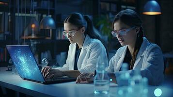 Two female scientists are using laptops in the laboratory. photo