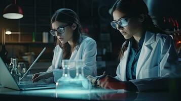 Two female scientists are using laptops in the laboratory. photo