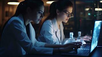 Two female scientists are using laptops in the laboratory. photo