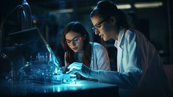 Two female scientists are using laptops in the laboratory. photo