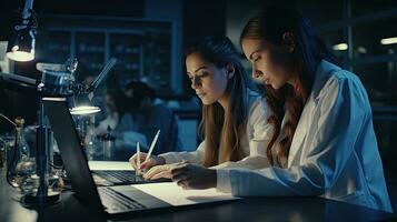 Two female scientists are using laptops in the laboratory. photo