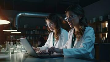 Two female scientists are using laptops in the laboratory. photo